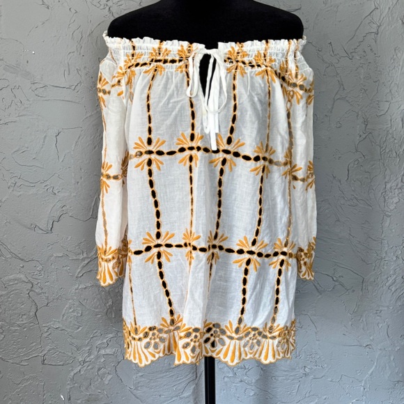 White and Gold Embroidered Women's Top with eyelets off the shoulder blouse cute - Picture 6 of 11